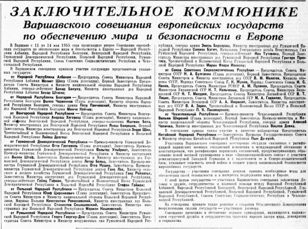14 мая 1955 года - Возникновение Организации Варшавского Договора