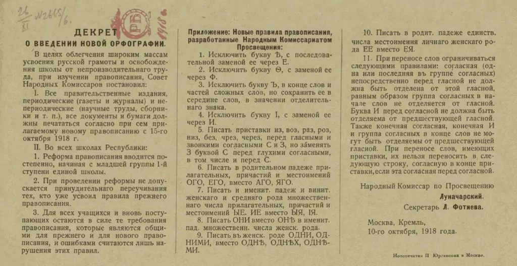 5 января 1918 года - Декрет Наркомпроса за подписью Луначарского «О введении нового правописания»